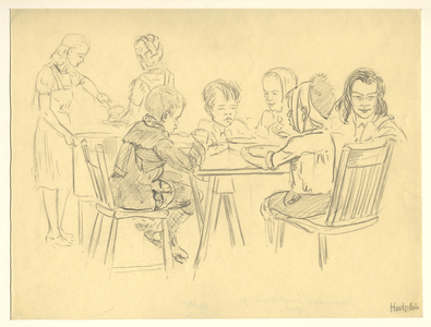 39685 Afbeelding van vijf etende kinderen in de uitdeelpost Houtplein te Utrecht, met op de achtergrond twee eten ...